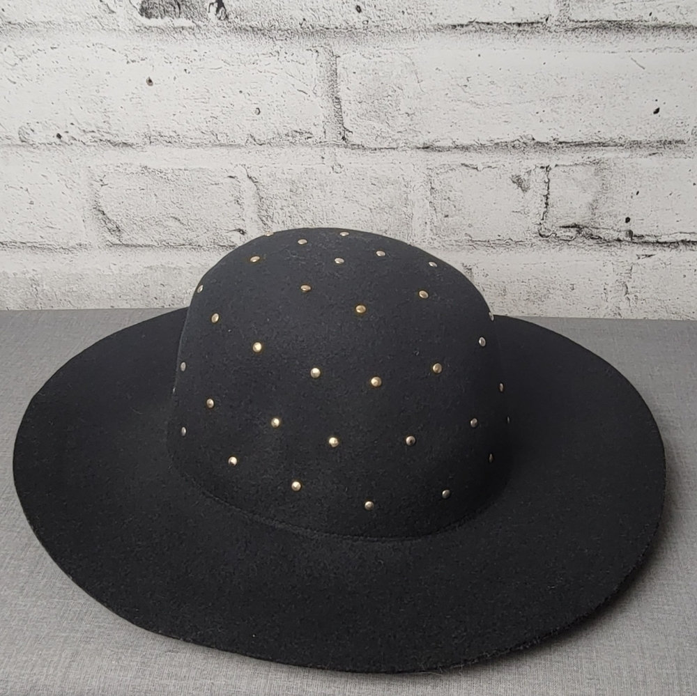 ALDO Black 100% Wool Studded Wide Brim Fedora Gold Detail Hat NWT - Picture 2 of 4